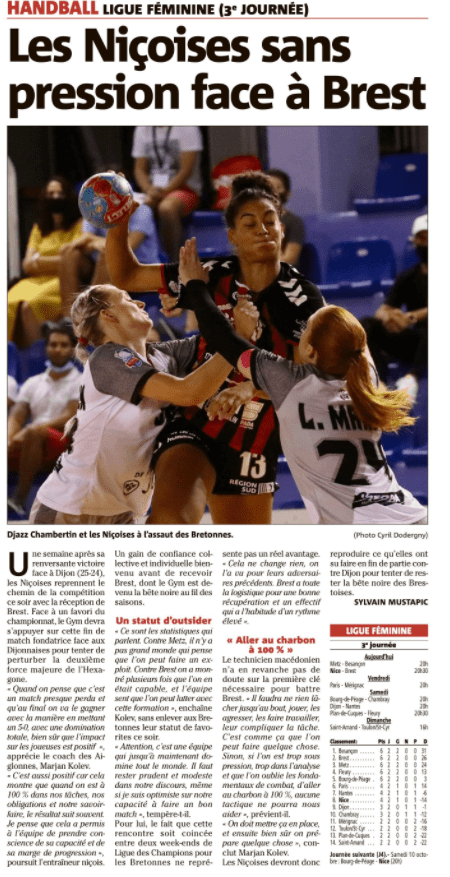 OGCN Handball Les niçoises sans pression face à Brest