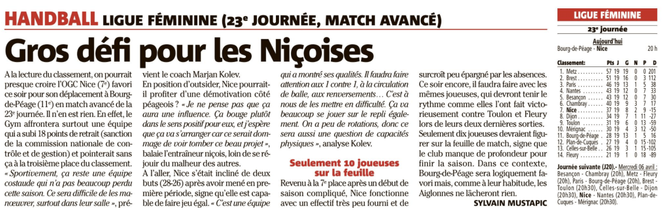 OGCN Handball Gros défi pour les niçoises