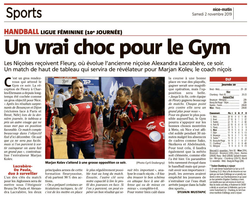 OGCN Handball Un vrai choc pour le Gym