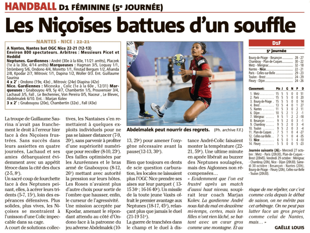 OGCN Handball Les niçoises battues d'un souffle