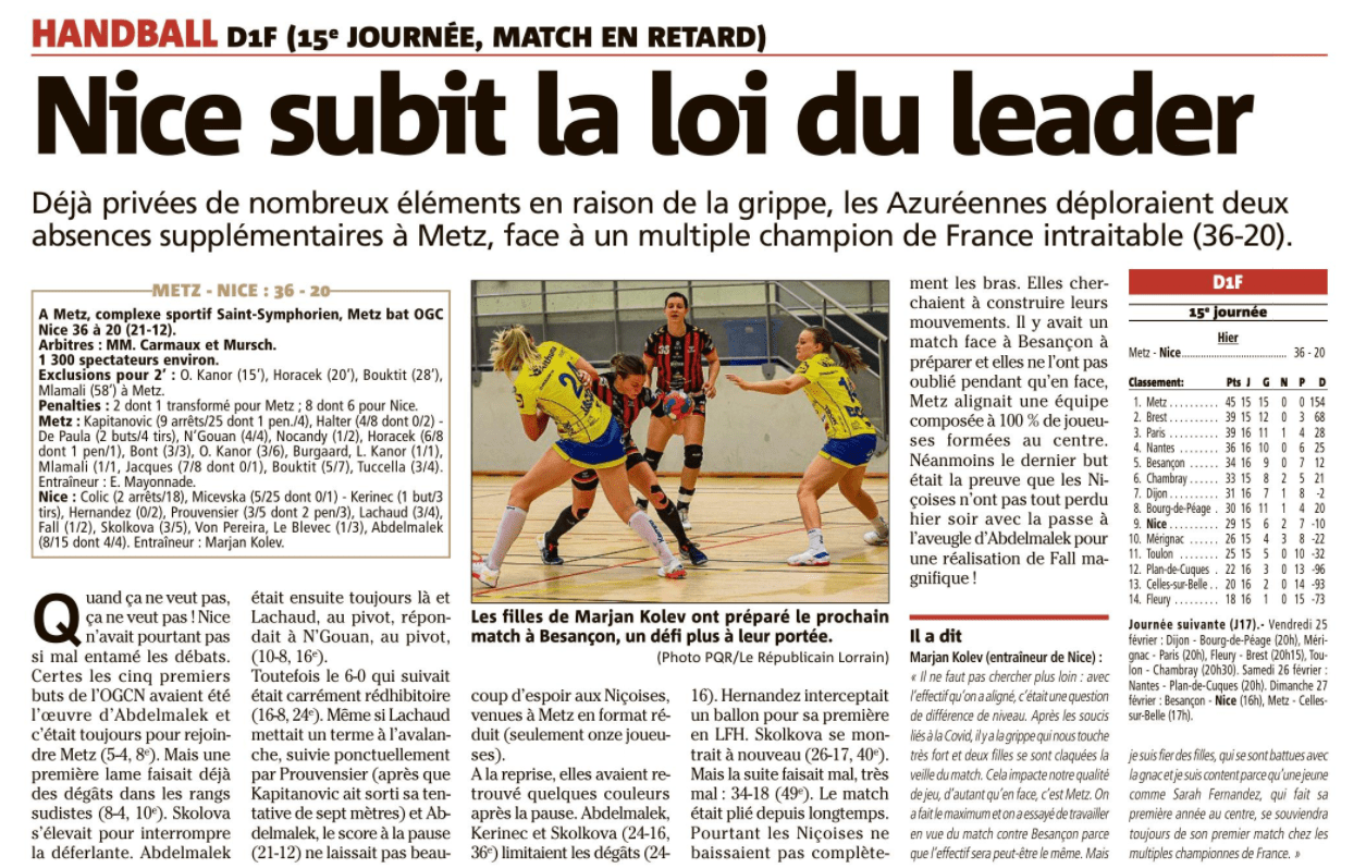 OGCN Handball Nice subit la loi du leader