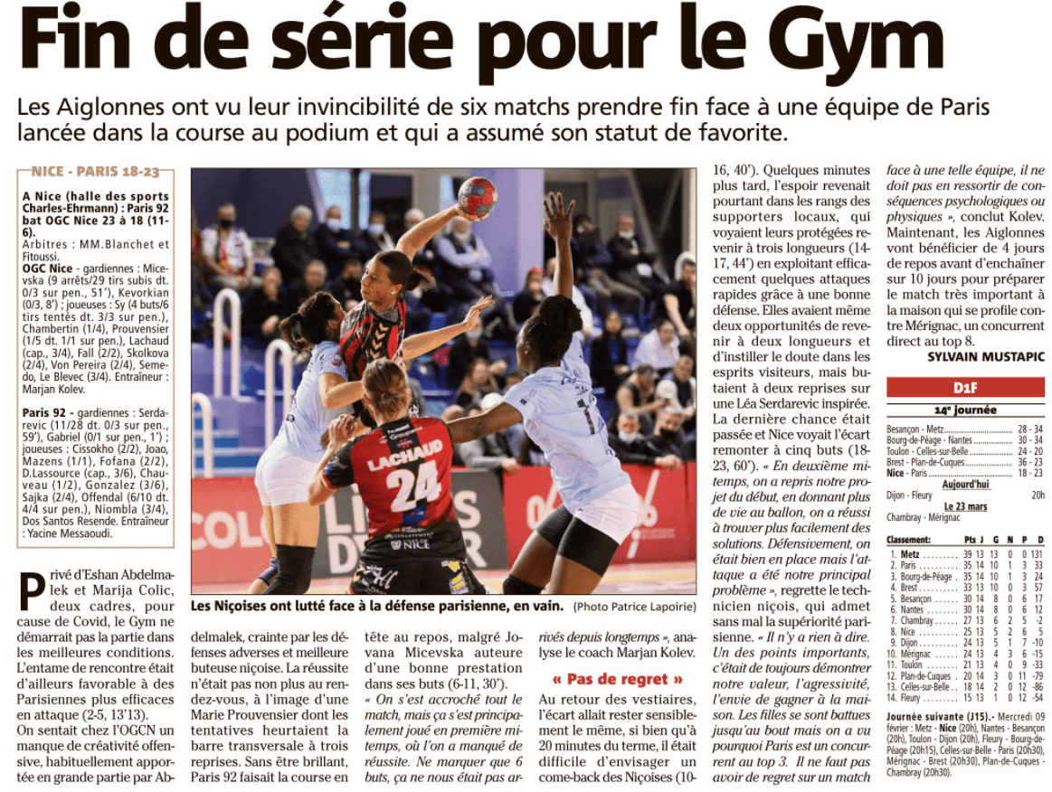 OGCN Handball Fin de série pour le Gym